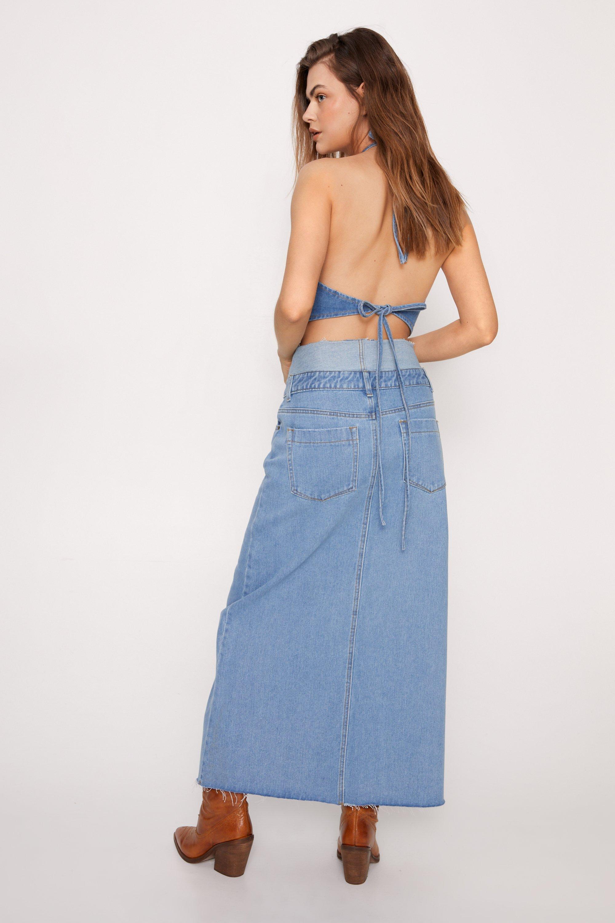 Two Tone Double Waistband Denim Maxi Skirt